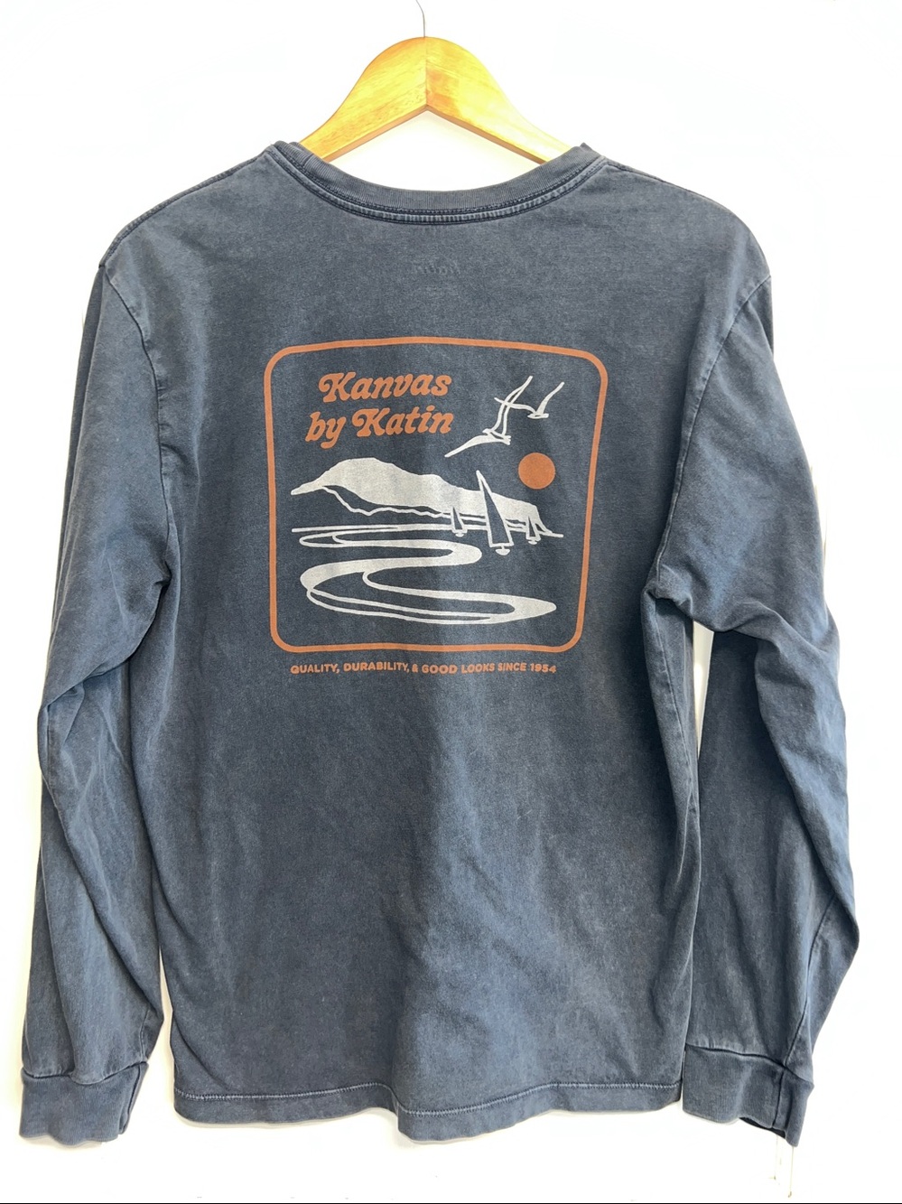 Katin Men's Long Sleeve Crew in Faded Navy with rear graphic and front Logo